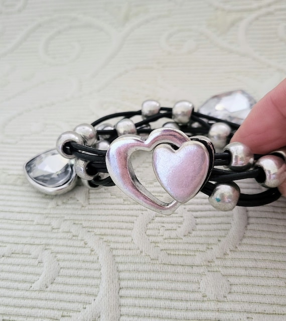 Unique Statement Bracelet/Black Leather Multicord… - image 3