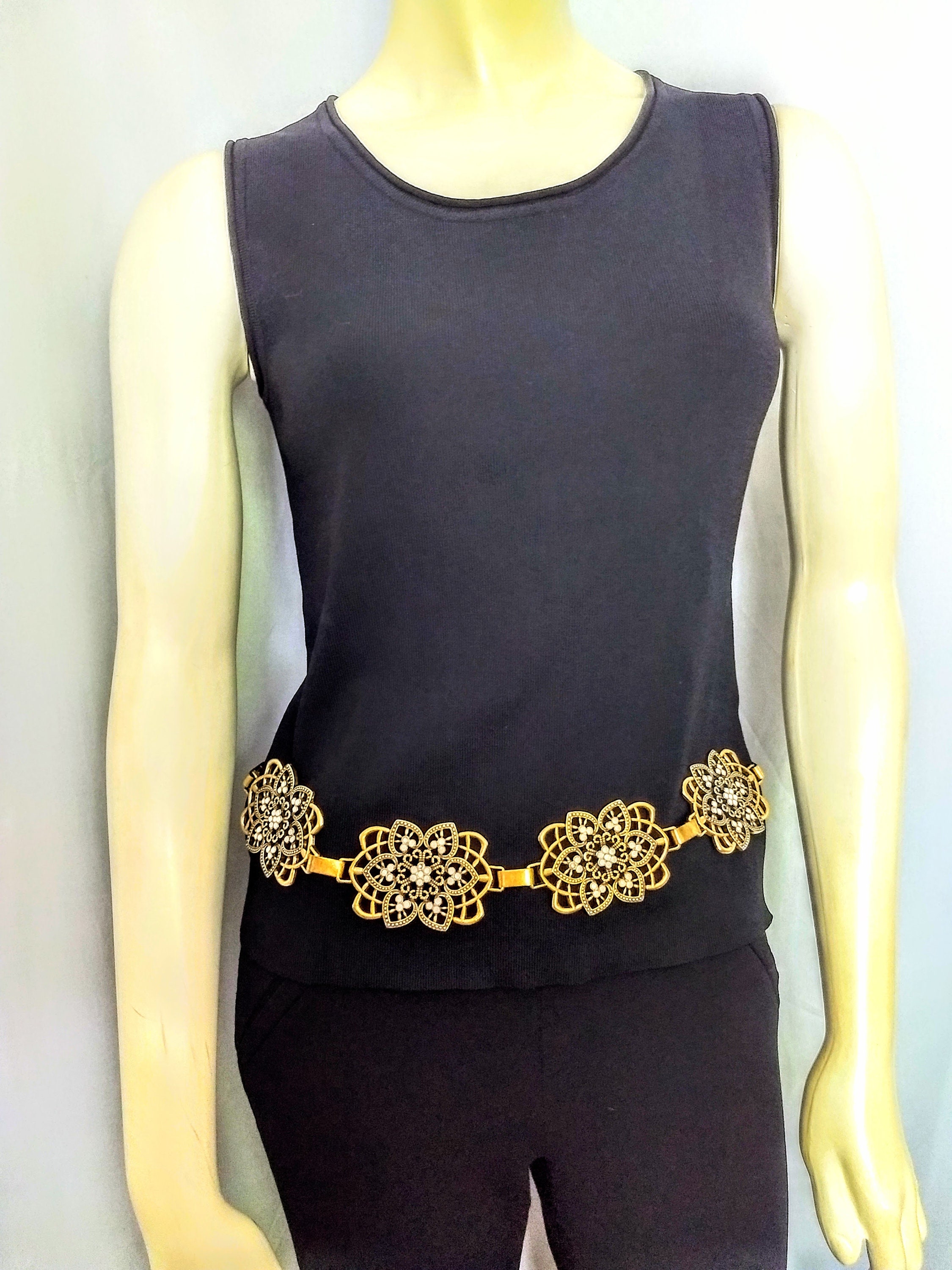 RARE Find/vintage 80s Cabochon Belt Antique Gold Adjustable  display picture 3