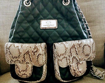 SHARIF Quilted Leather Shoulder Bag/Black Beige Snake Pattern Convertible Travel Purse Gift/No.393