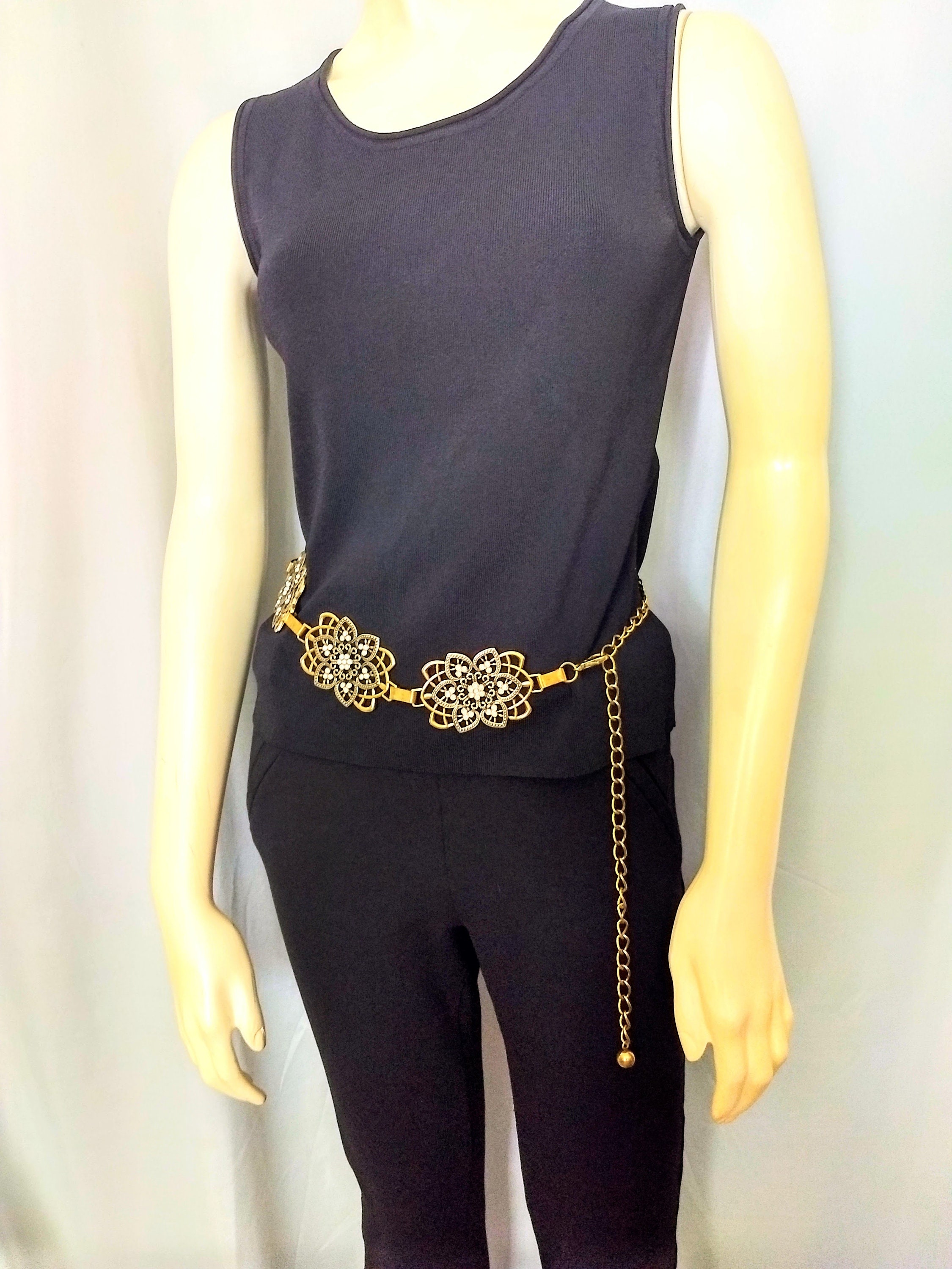 RARE Find/vintage 80s Cabochon Belt Antique Gold Adjustable 