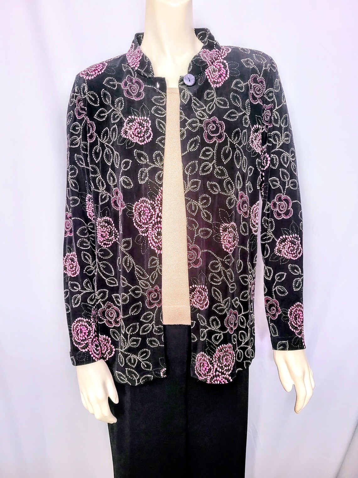 Women's Vintage Black Stretchy Blazer Cardigan/Open Front One Button White and Pink Floral Print Mandarin Collar Elegant Blazer/ Size M/N10, foto 2 di 5