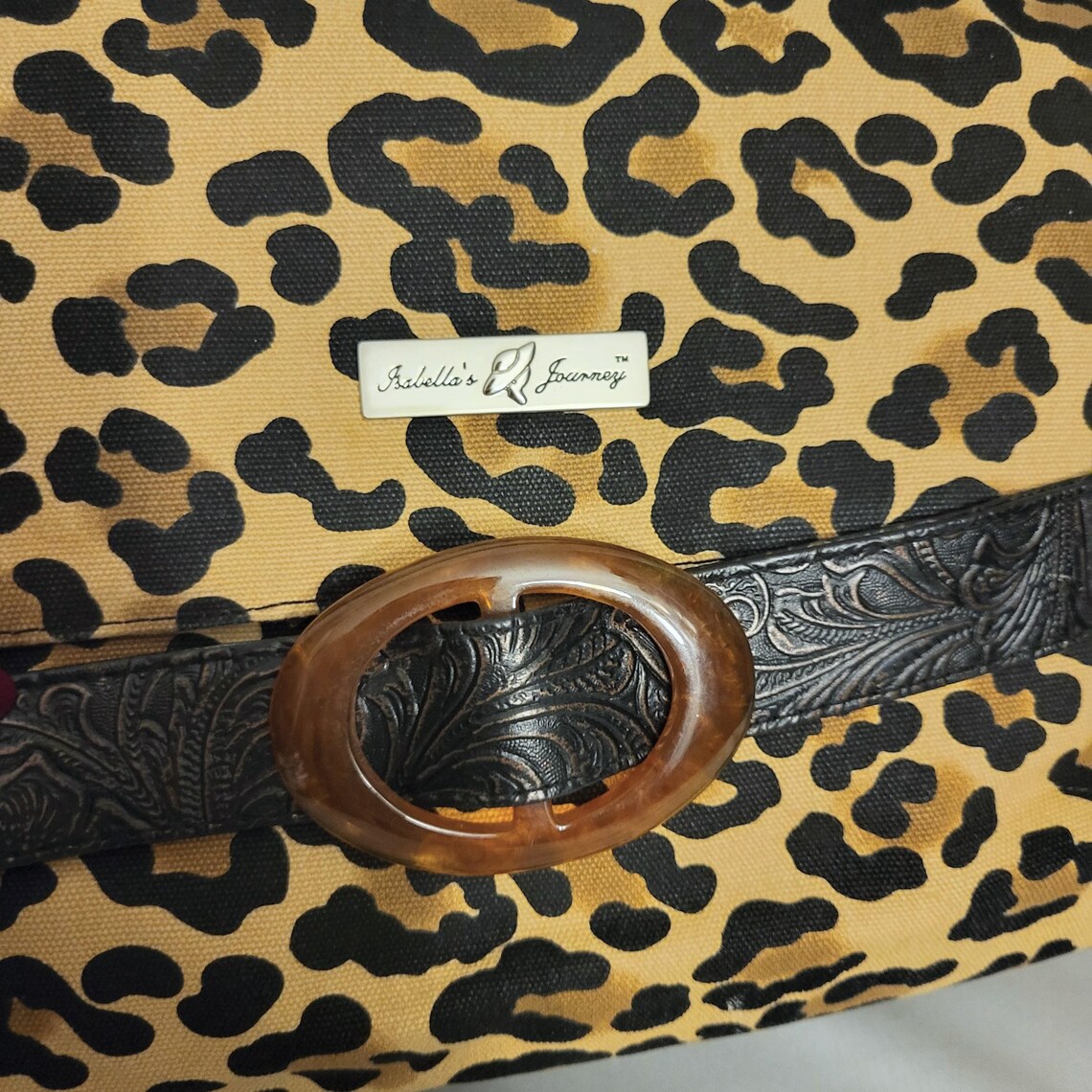 Vintage ISABELLA'S JOURNEY Leopard Print Shoulder Bag/Yellow Canvas Animal Pattern Soft Purse/Tooled Faux Leather Decor/Retro Style Gift/, foto 4 di 5