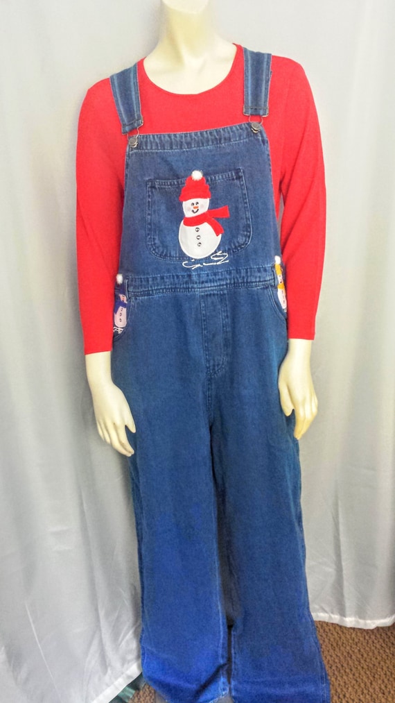 15% OFF OVERAL Embroidery Snowman Décor Blue Jeans