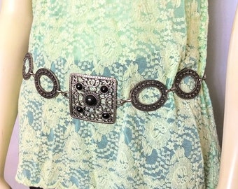 Wide Silver Metal Faux Onyx Décor Belt/Waist Hip Decoration Belt/Vintage Statement 90s Oval Square Metal Links Adjustable Waist Hip Belt/695