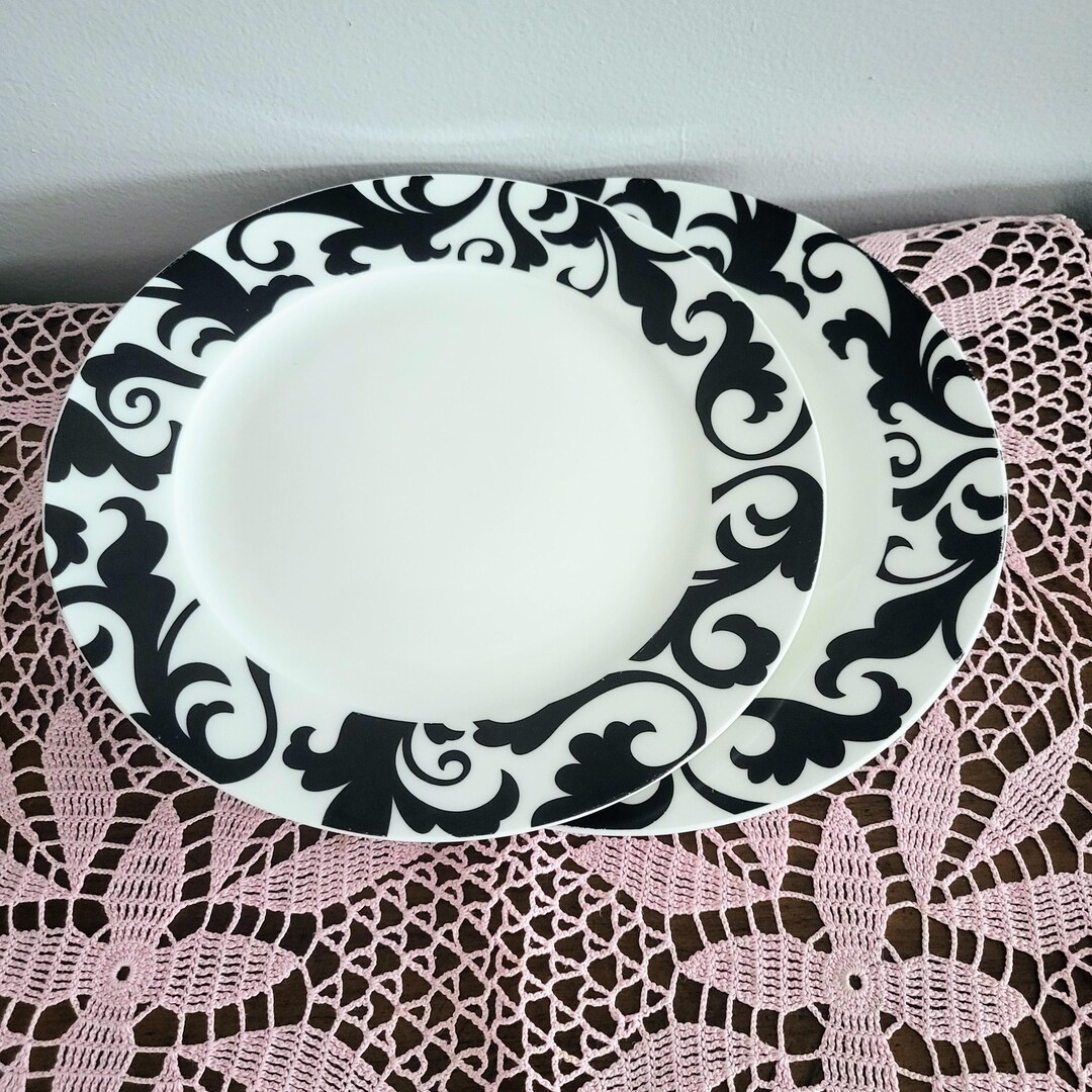 Set of 2 CIROA FIORY Luxe Fine Porcelain Salad Plates/black Botanical ...
