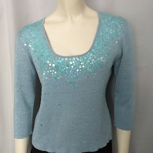 SILK Blue Metallic Knit Top Sequins Décor/JOSEPH A. Sparkling Blue 90,s Top with Turquoise Sequins/Shiny Blue Top/Gift for Her/Size S-M/384
