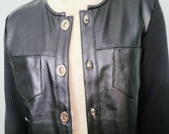 ESCAPADE Black Leather Front Cardigan Jacket Medium/Ribbed Knit Back & Sleeves Turn Locks/95