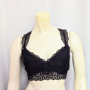 Schwarze Spitze Bralette Top, Dreieck zurück Yoga Top, schwarze Lacy Crop Top, Draht frei Rennen zurück breiten Strap Französisch Bralette, Nr.904