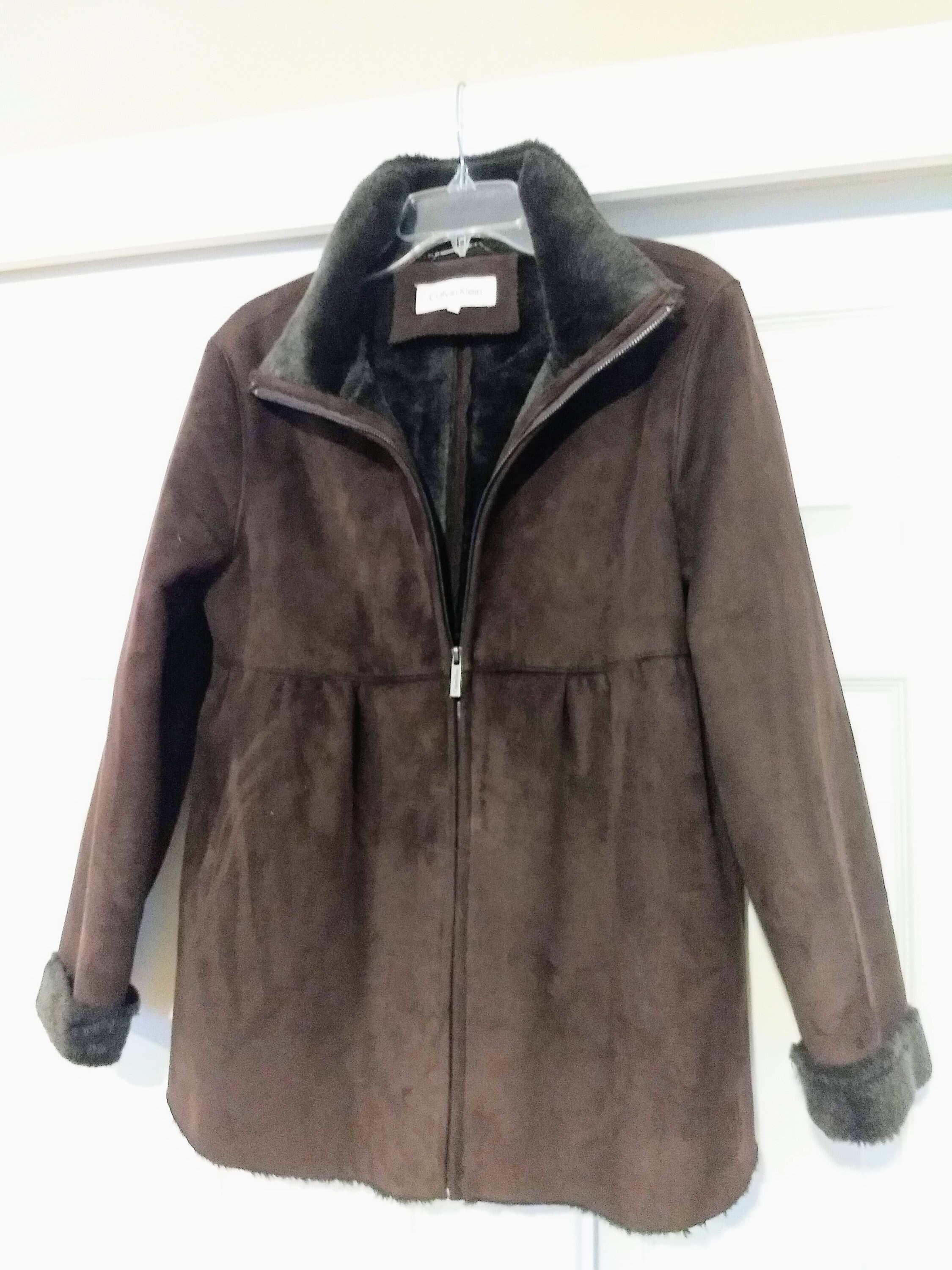 Calvin Klein Faux Sheepskin Short Coat/Winter Warm Coat/Faux Suede and Fur Chocolate Brown Super Soft Shearling Coat/Size L/Gift for Her/781