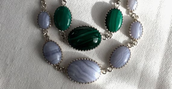 Blue lace agate or green Malachite necklace.Womans choker.White and green holiday jewelry.Green or white multi stone necklace.Stone jewelry