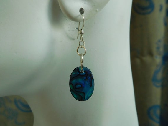 Blue paua shell dangle earrings/Medium oval paua shell drop earrings/Blue abalone/blue sterling jewelry/summer earrings