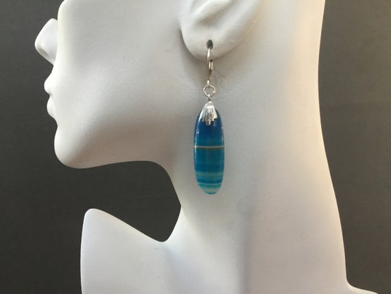 Blue dangle earrings/ blue agate with silver/blue stone and sterling/sky blue oval earrings/womans jewelry