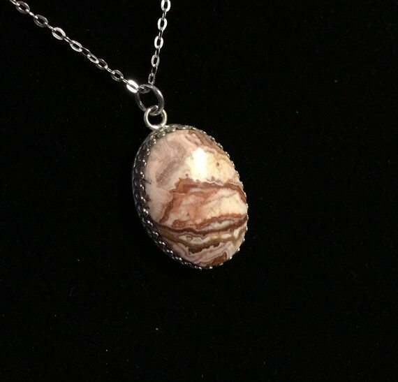 Picture jasper/ mountain necklace/ nature scene pendant/ filigree jewelry/ sterling and stone/mountain and river