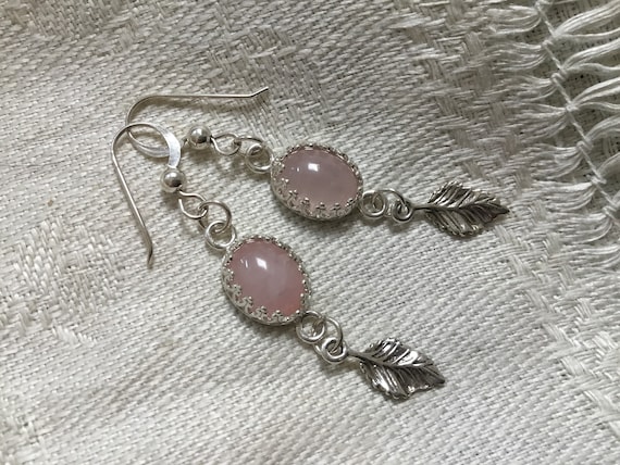 Pink rose quartz Dangles/green agate dangle earrings/pink and silver leaf earring/pink stone and sterling/rose quartz jewelry