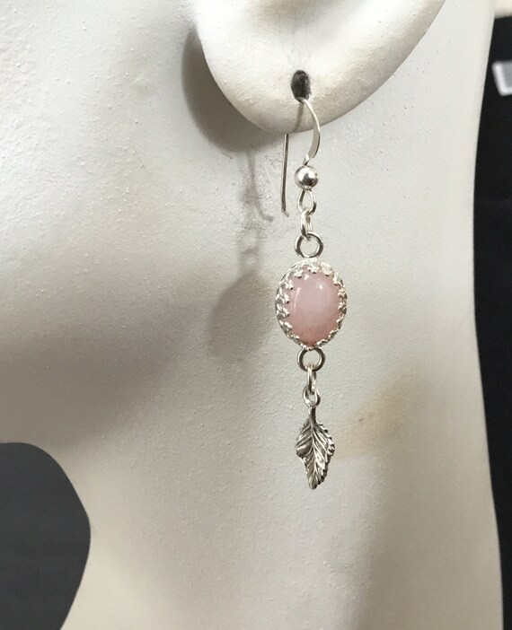 Pink rose quartz or green agate dangle earrings/pink and silver leaf earring/pink stone and sterling/rose quartz jewelry