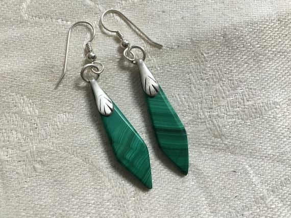 Green malachite dangle earrings/ green stone and sterling drops/green and silver jewelry /womans dangles/
