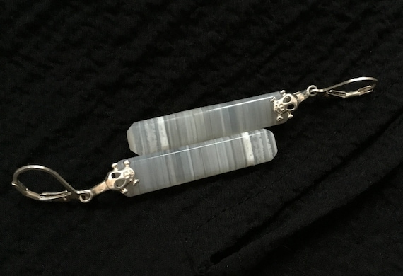 White Arizona agate dangle earrings/white stone and sterling/skull earrings/long white dangles/womans christmas jewelry