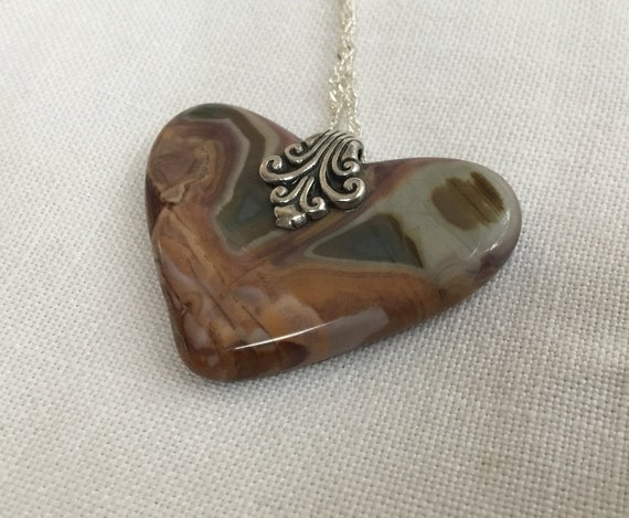 Heart pendant necklace /Victorian heart pendant/Gift for lover/Stone valentine/polychrome jasper