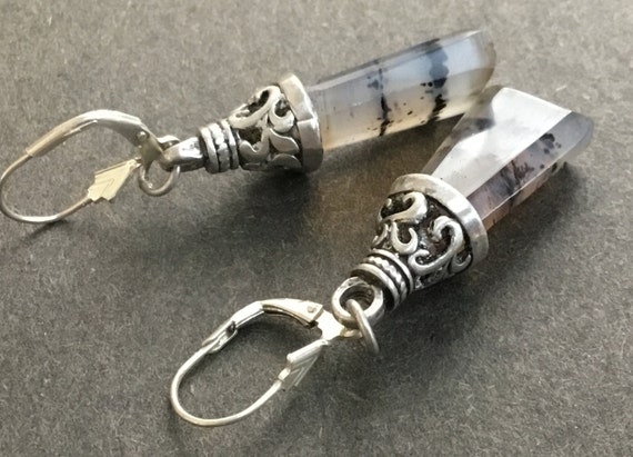 Bell earrings/pyramid sterling and stone earrings/glass jewelry/ transparent dangles/Tibetian bell earrings