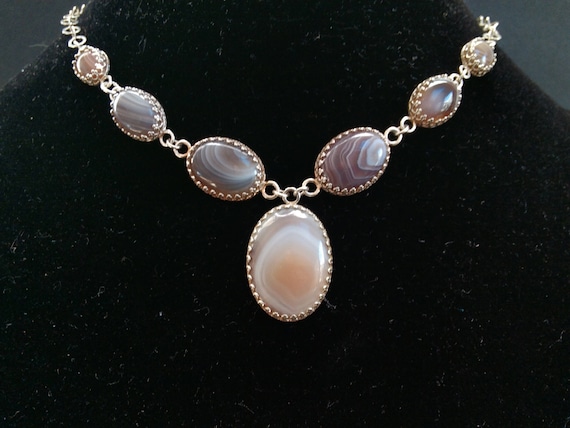 Pink Botswana agate seven stone sterling choker. Adjustable choker. No roll choker. Evening jewelry. Classy necklace. Very special jewelry