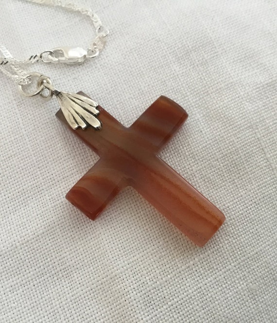 Orange stone cross/orange flame agate/fire and brimstone cross/stone and sterling cross