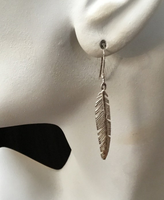 Sterling silver Feather earrings/ silver feather dangles/ eagle feather drop earrings/bird feather/free bird wings