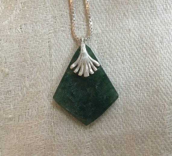 Green jade and sterling necklace/green and silver/kite shaped pendant/