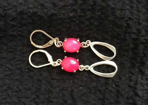 Hot pink dangle earrings/ fluorescent pink jewelry/bright pink drop earrings/ small pink oval/stone and sterling/onlystonejewelry