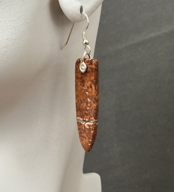 Rustic leopard skin jasper and sterling silver dangle earring pair. Rustic stone earrings. Tribal earrings.