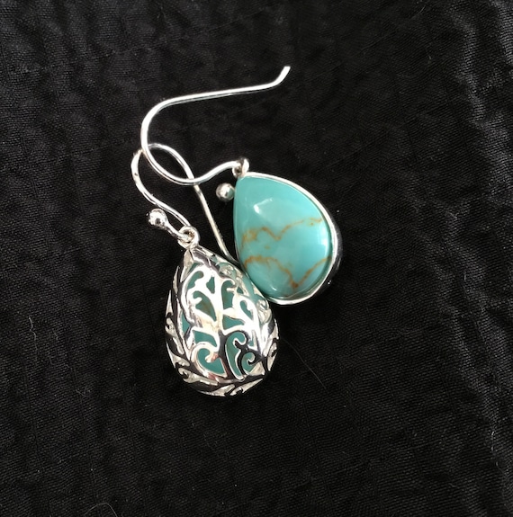 Two sided sterling and blue turquoise dangles/tear drop earrings/blue and silver jewelry/womens double sided earrings/turquoise jewelry