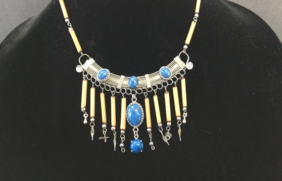 Blue tribal choker/ Blue denim choker/ Tribal jewelry/Stone jewelry/Vintage jewelry./Boho bib necklace/bamboo choker