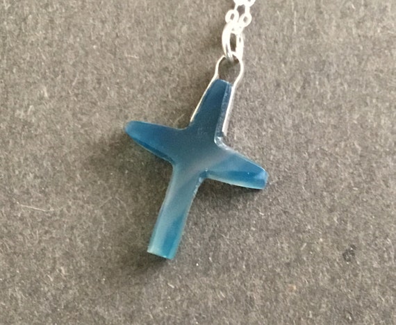 Blue cross pendant/ Blue Stone cross / Blue agate/ Religous jewelry /Christian jewelry/Spiritual jewelry/small womans cross/blue jewelry