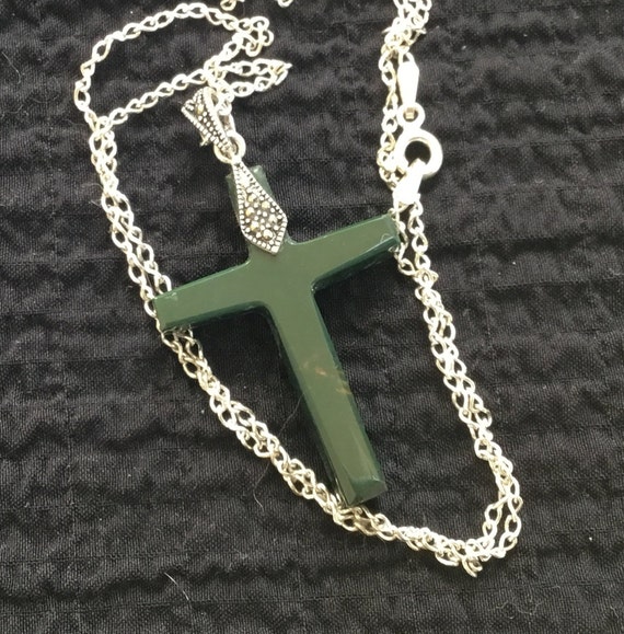 Sterling and Green stone cross/Religious jewelry/Spiritual jewelry/double sided cross necklace/crystal cross /jade cross