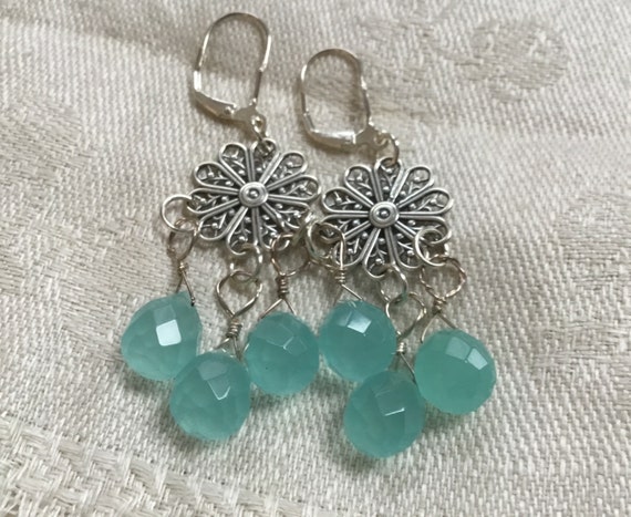Womens chandelier earrings/fancy green or blue dangles/multi stone and sterling chandeliers/ green earrings