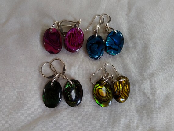 Paua shell drop earrings\ blue, pink,green,yellow abalone dangles/medium oval dangle/girls earrings/womans drops/summer jewelry