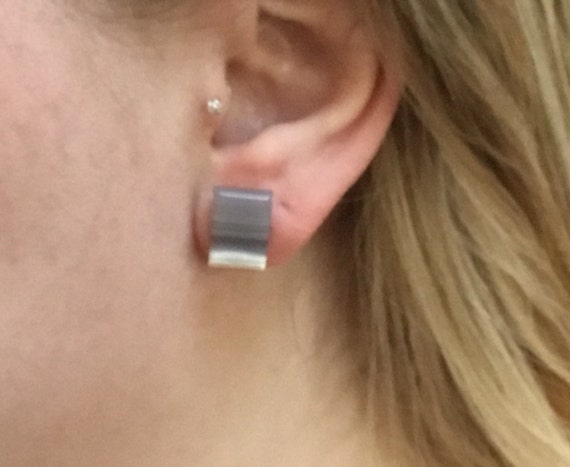 White stud earrings. white striped stone earrings. Square studs.white and gray earrings. Womens jewelry. Work jewelry.