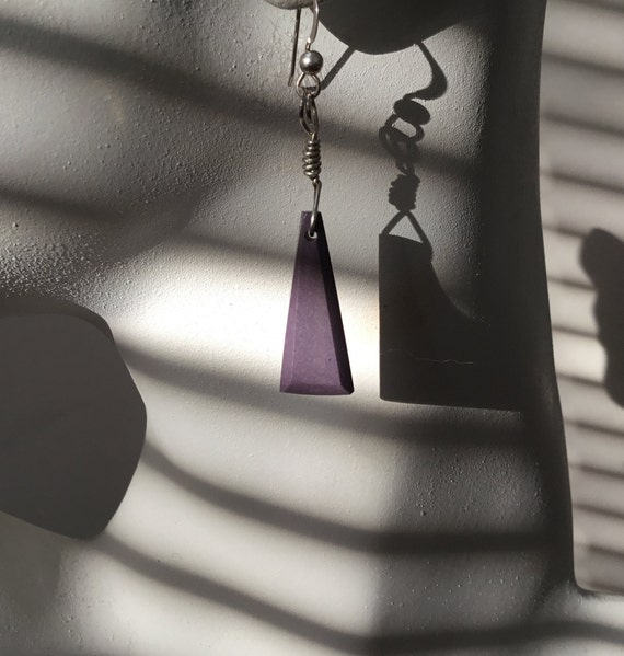 Dusty purple dangle earrings/plum purple earrings/triangle dangles/purple porcelain and sterling dangles