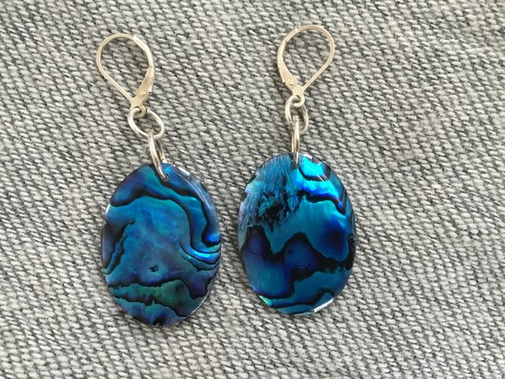 Big Blue oval dangle earrings/ New Zealand paua shell jewelry/Blue paua shell and sterling /womans dangles /