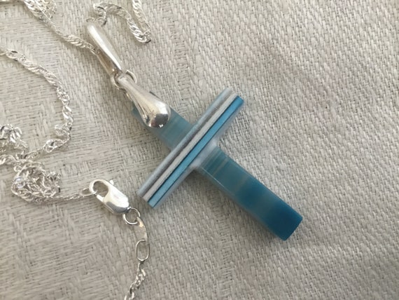 blue stone cross necklace/ blue and white agate cross/christmas necklace/teen jewelry