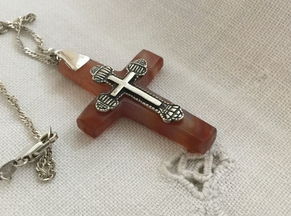 Orange and sterling cross/ translucent stone cross/glass cross pendant/orange tie dye cross/ unisex cross/mans cross/only stone jewelry