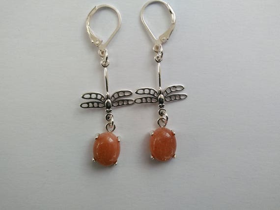 dragonfly dangle earrings /sunstone and sterling/ multi color dragonfly earrings/nature jewelry/ jewelry for girls/ bug jewelry