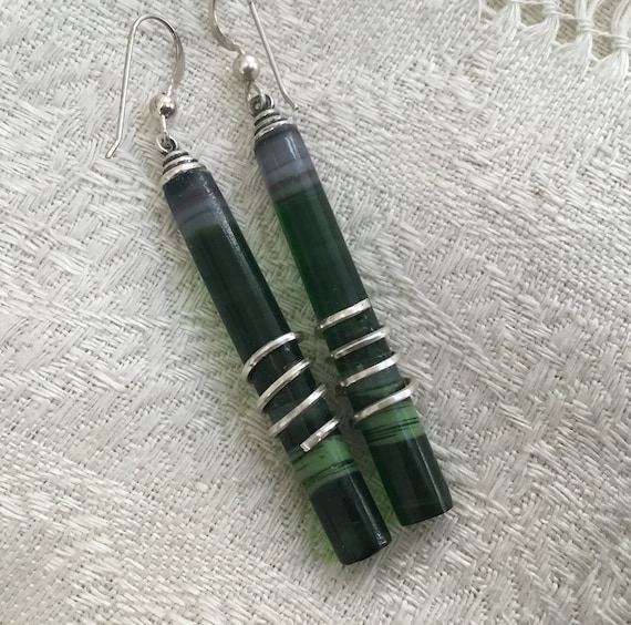 Green glass and wire wrapped dangles/green cylinder dangles/ sterling wire wrapped green dangles/womens christmas gift