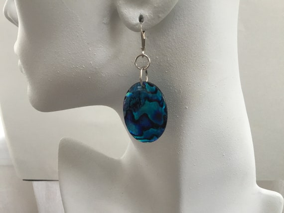 Blue oval dangle earrings/ New Zealand paua shell jewelry/Blue paua shell and sterling drops earrings/beach jewelry
