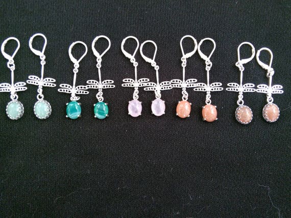 dragonfly stone earrings/sunstone and sterling/ multi color dragonfly earrings/bug earrings/nature jewelry