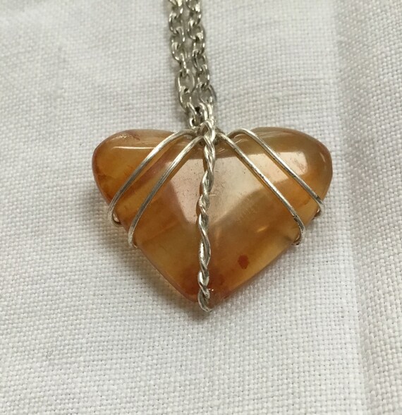 Orange carnelian heart necklace. Silver wire and stone heart necklace. Stone heart pendant.Fall colors