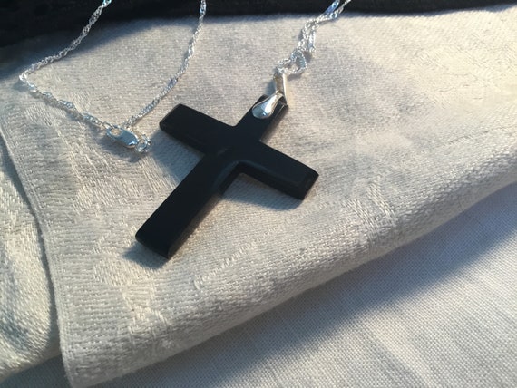 Black cross necklace/Onyx and sterling cross/Black stone cross/Religious jewelry/Christi an jewelry/Catholic gifts /pectoral cross