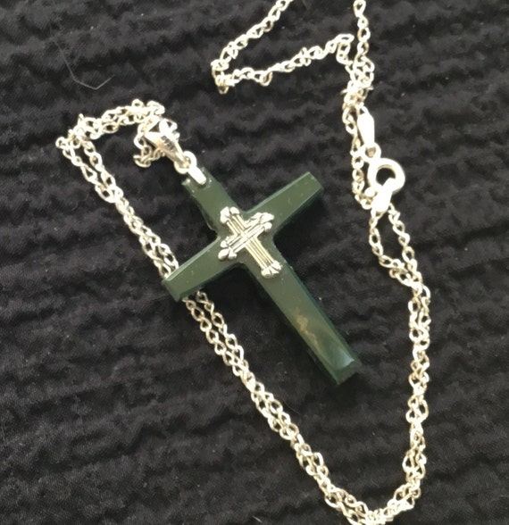 Stone and sterling cross/Religious jewelry/Green stone jewelry/double sided cross necklace/crystal cross /jade crucifix