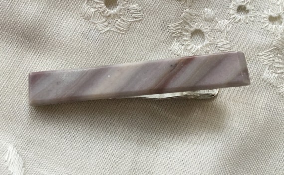 Mans purple pastel tie clip.. Pink striped stone tie bar. Mauve stone tie clip.