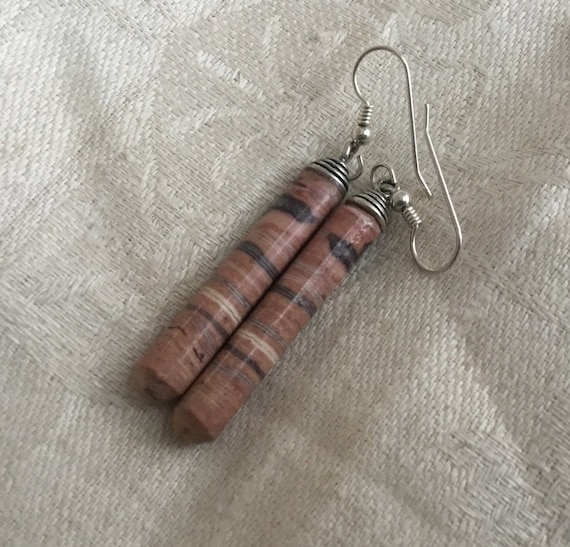 Tiger stripe dangle earrings/banded rhyolite stone jewelry/animal patterns/earth tone stone earrings/ womans rustic tribal jewelry