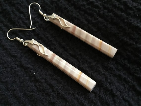 Pastel pink striped dangle earrings/Light purple striped stone earrings/sterling and mauve stone dangle earrings.